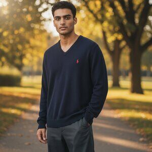 POLO RALPH LAUREN | Men's Preppy Navy Blue 100% Pima Cotton V-Neck Sweater